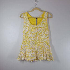 Anthropologie Meadow Rue Women's Emilia Lace Peplum Top Yellow White Size L